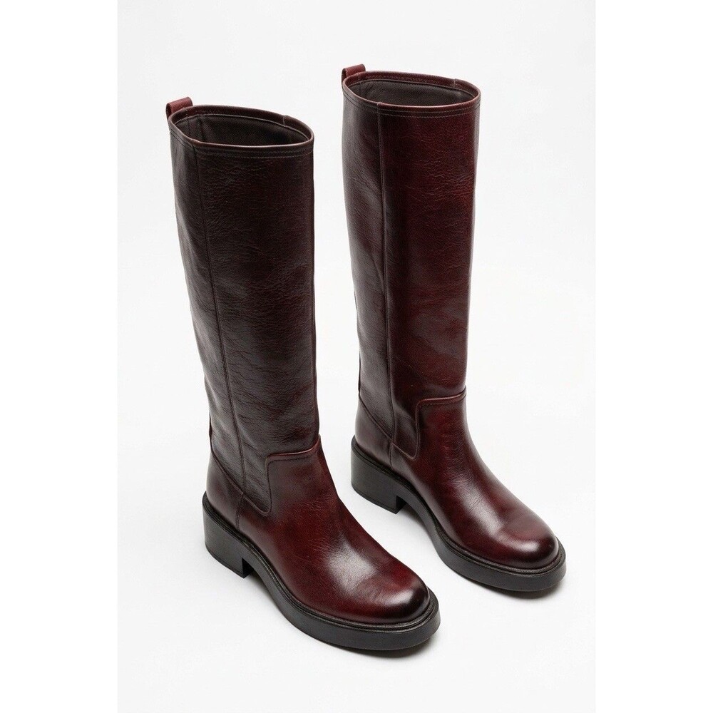 ZARA Womens Leather Knee High Riding Boots Burgundy Brown Size 9 US / 40 EUR NWT